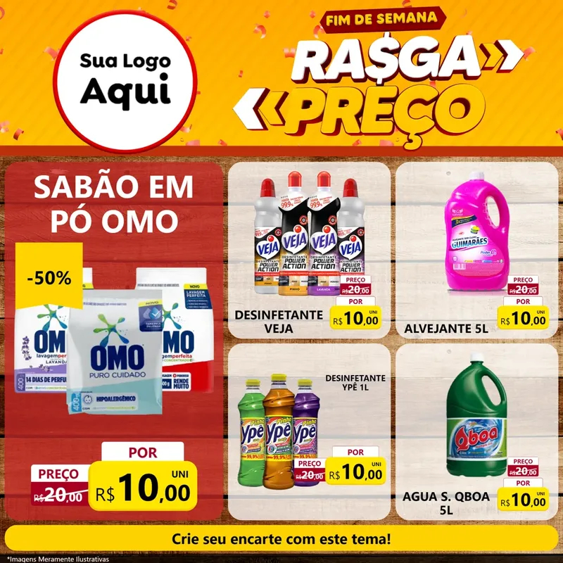 Modelo de Rede Social para Feed Facebook com o tema Fim de Semana Rasga Preços para Produtos de Limpeza