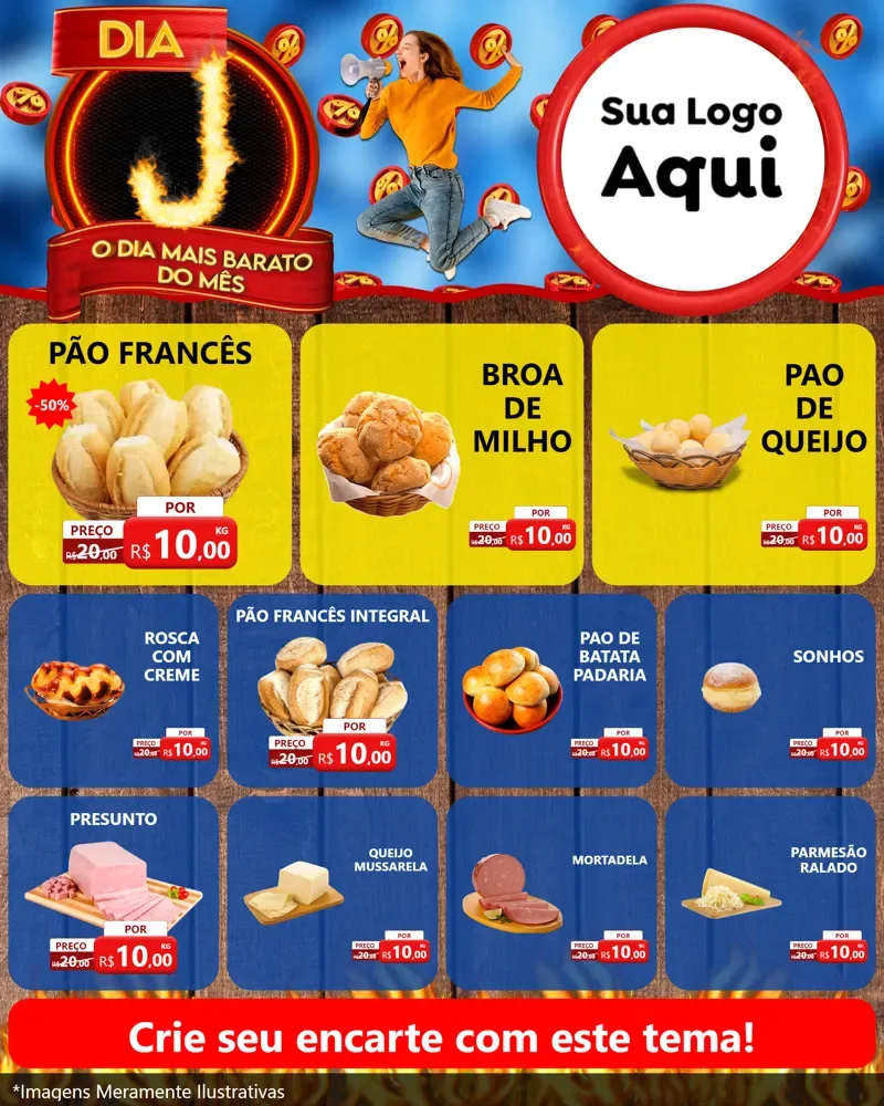 Modelo de Rede Social para Feed Instagram com o tema Dia J - O Dia Mais Barato Do Mês para Padaria