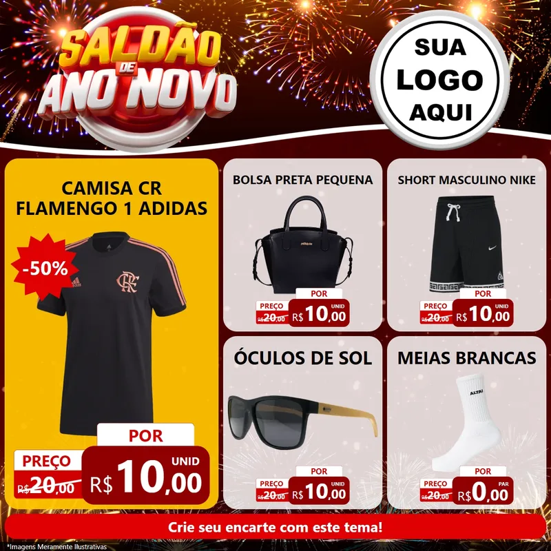 Modelo de Rede Social para Feed Facebook com o tema Saldão de Ano Novo para Roupas e acessórios