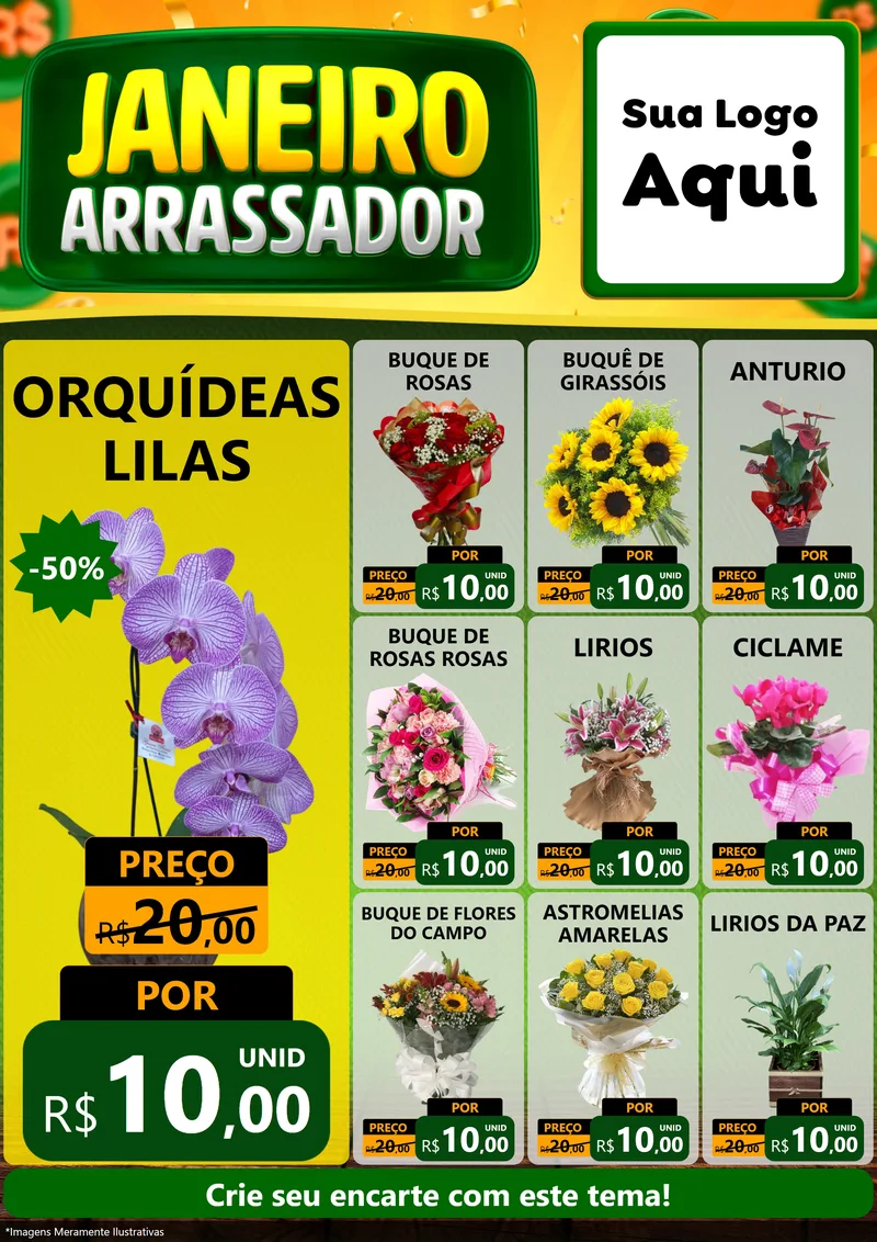 Modelo de Encarte para Encarte A4 Vertical com o tema Janeiro Arrasador para Floricultura e jardim