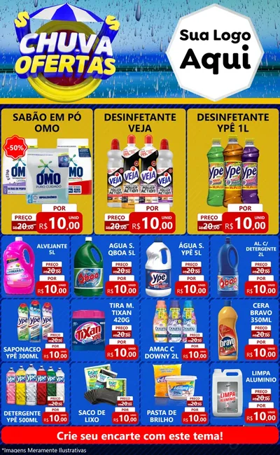 Modelo de Encarte para Encarte Grande com o tema Chuva de Ofertas para Produtos de Limpeza