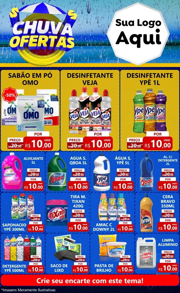 Modelo de Encarte para Encarte Grande com o tema Chuva de Ofertas para Produtos de Limpeza