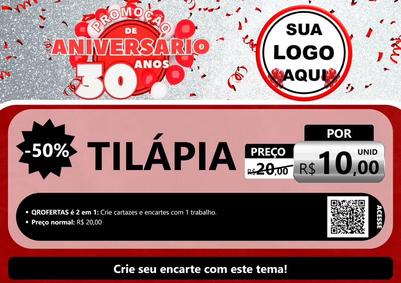 Modelo de Cartaz para Cartaz A4 Horizontal com o tema Promoção de Aniversário - 30 Anos para Peixaria