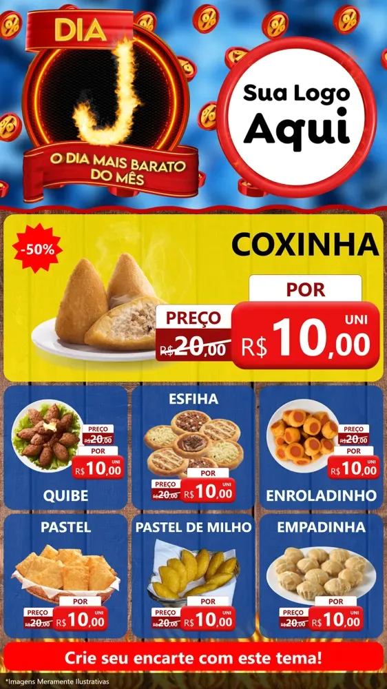 Modelo de Rede Social para Stories com o tema Dia J - O Dia Mais Barato Do Mês para Salgadaria