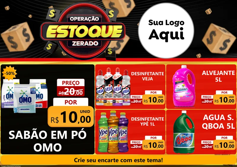 Modelo de Encarte para Encarte A4 Horizontal com o tema Operação Estoque Zerado para Produtos de Limpeza