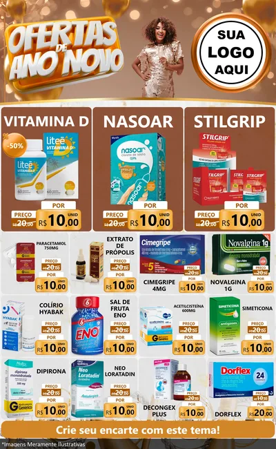 Modelo de Encarte para Encarte Grande com o tema Ofertas de Ano Novo para Farmácia