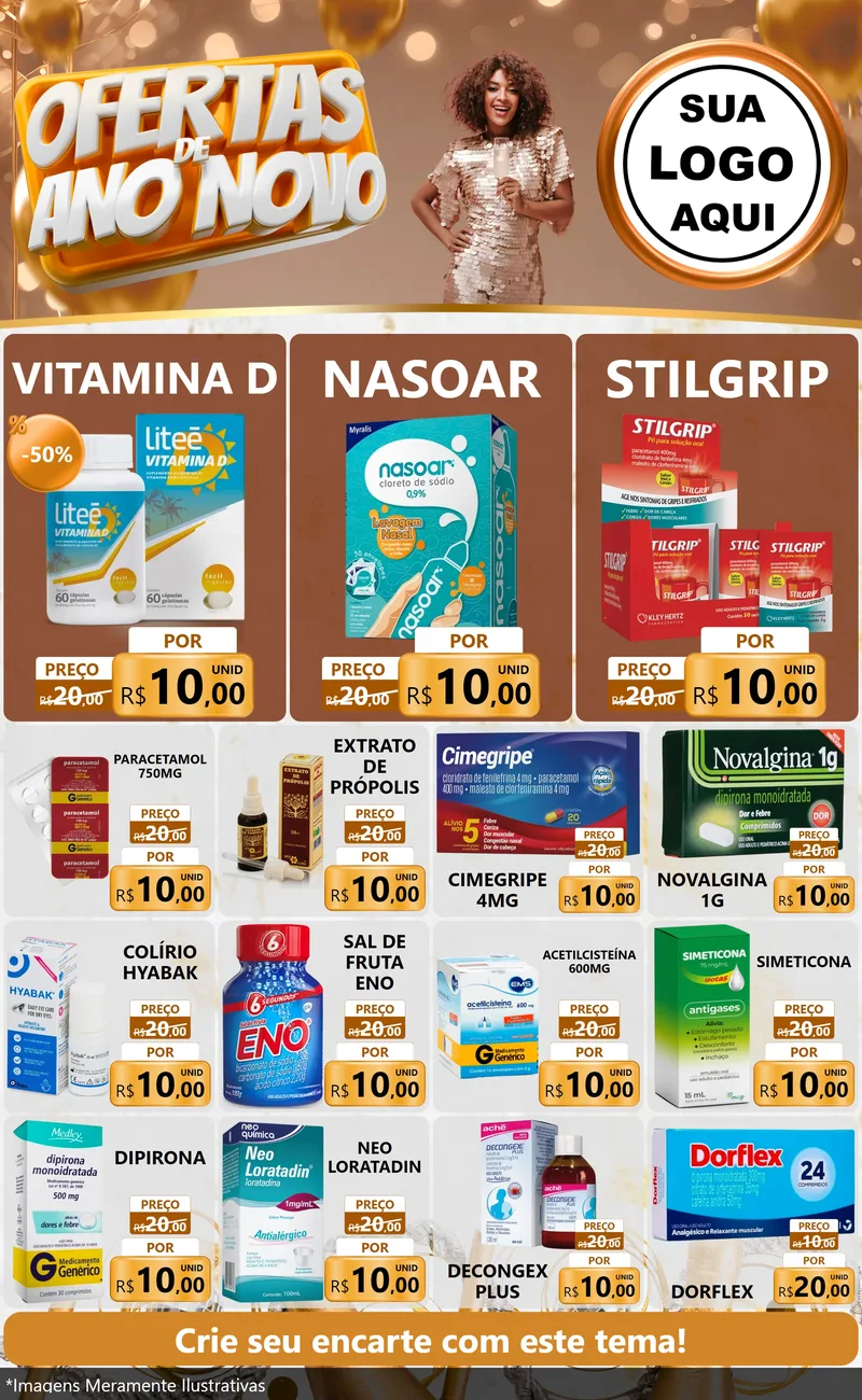 Modelo de Encarte para Encarte Grande com o tema Ofertas de Ano Novo para Farmácia