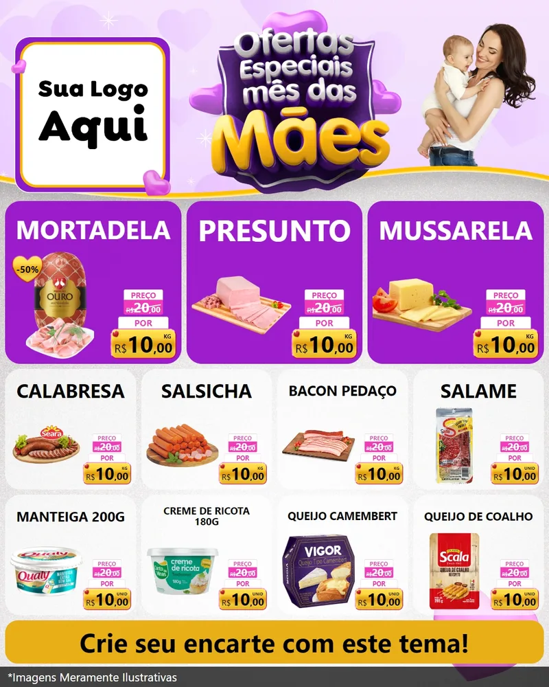 Modelo de Rede Social para Feed Instagram com o tema Ofertas Especiais - Mês das Mães para Frios e Laticínios