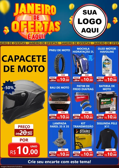 Modelo de Encarte para Encarte A4 Vertical com o tema Janeiro de Ofertas É Aqui! para Moto peças