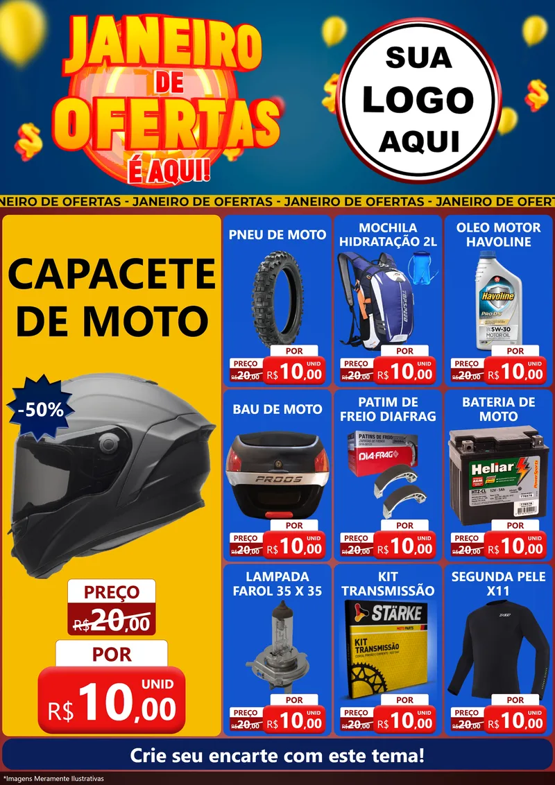 Modelo de Encarte para Encarte A4 Vertical com o tema Janeiro de Ofertas É Aqui! para Moto peças