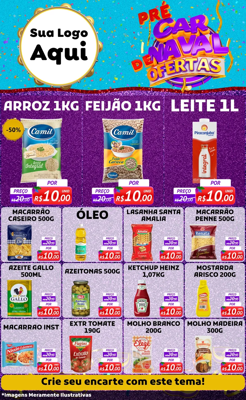Modelo de Encarte para Encarte Grande com o tema Pré Carnaval de Ofertas para Supermercado