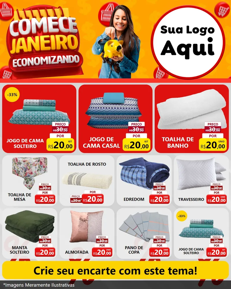 Modelo de Rede Social para Feed Instagram com o tema Comece Janeiro Economizando para Cama, Mesa e Banho