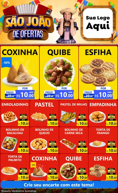 Modelo de Encarte para Encarte Grande com o tema São João de Ofertas para Salgadaria