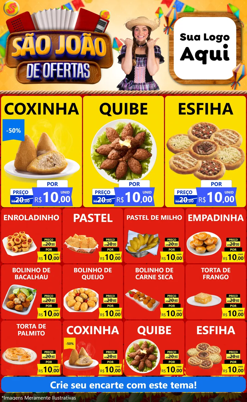 Modelo de Encarte para Encarte Grande com o tema São João de Ofertas para Salgadaria
