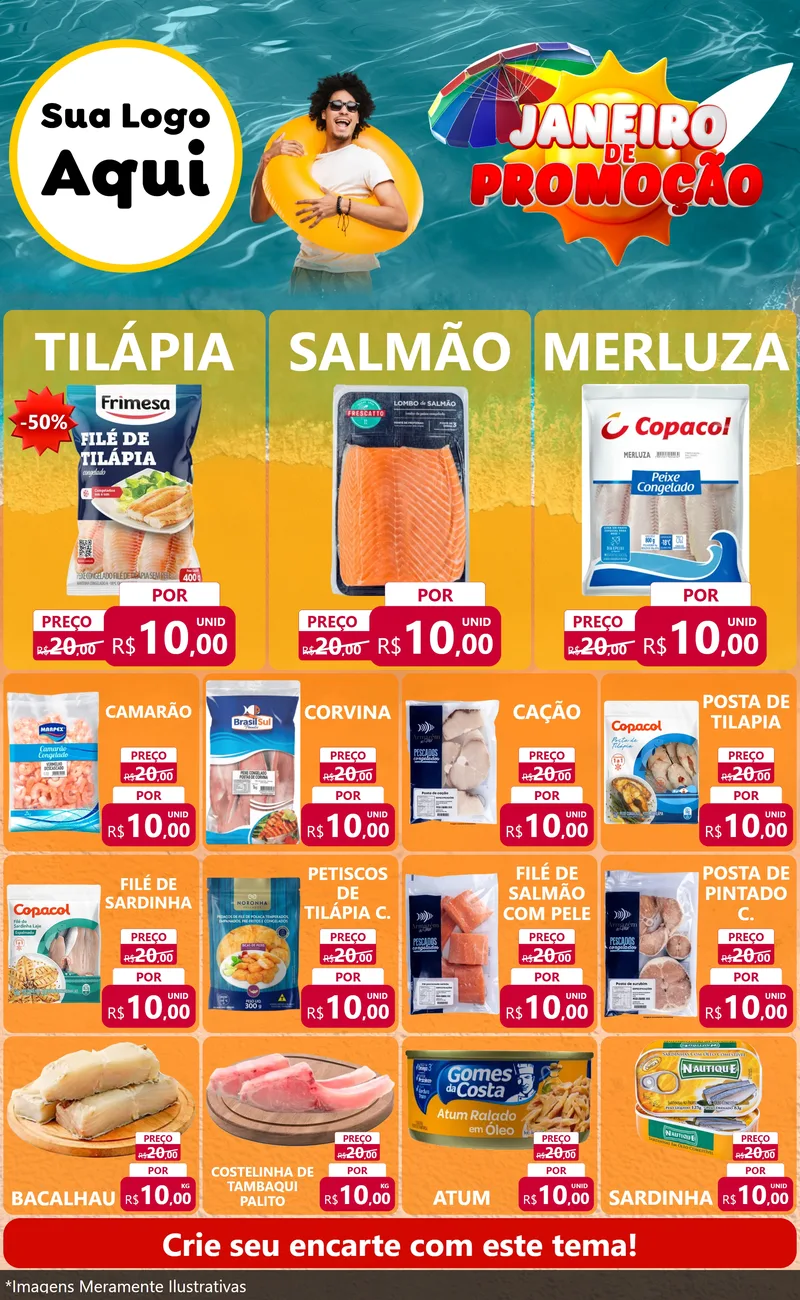 Modelo de Encarte para Encarte Grande com o tema Janeiro de Promoção para Peixaria