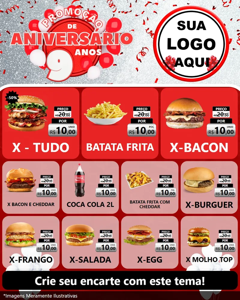 Modelo de Rede Social para Feed Instagram com o tema Promoção de Aniversário - 9 Anos para Hamburgueria