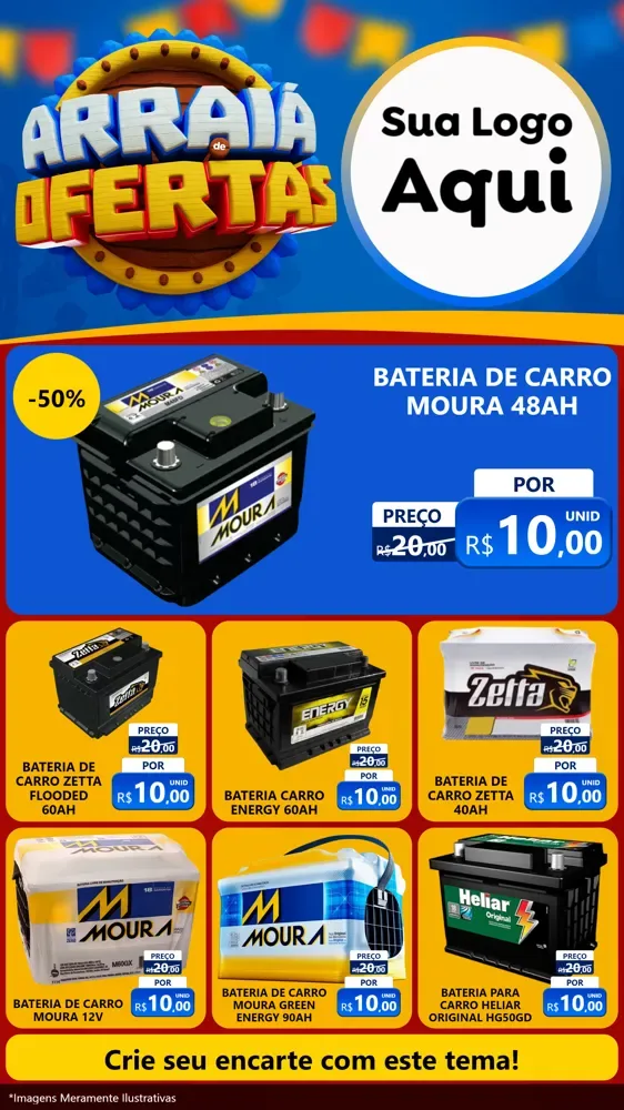 Modelo de Rede Social para Stories com o tema Arraiá de Ofertas - Junina para Baterias Elétricas