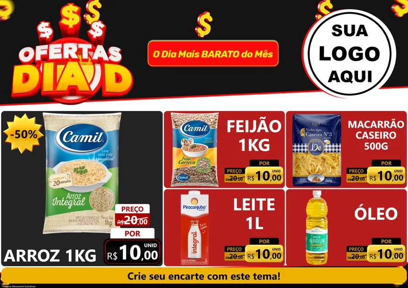 Modelo de Encarte para Encarte A4 Horizontal com o tema Ofertas Dia D para Supermercado
