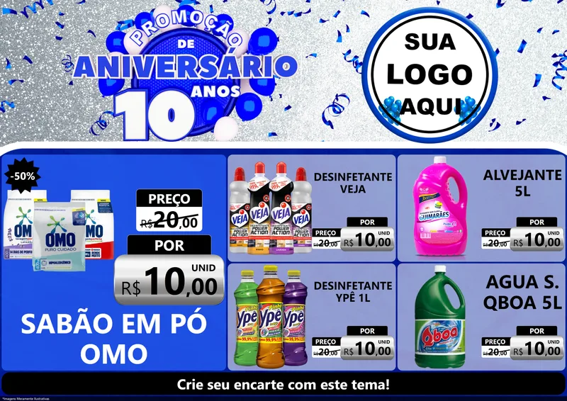 Modelo de Encarte para Encarte A4 Horizontal com o tema Promoção de Aniversário - 10 Anos para Produtos de Limpeza