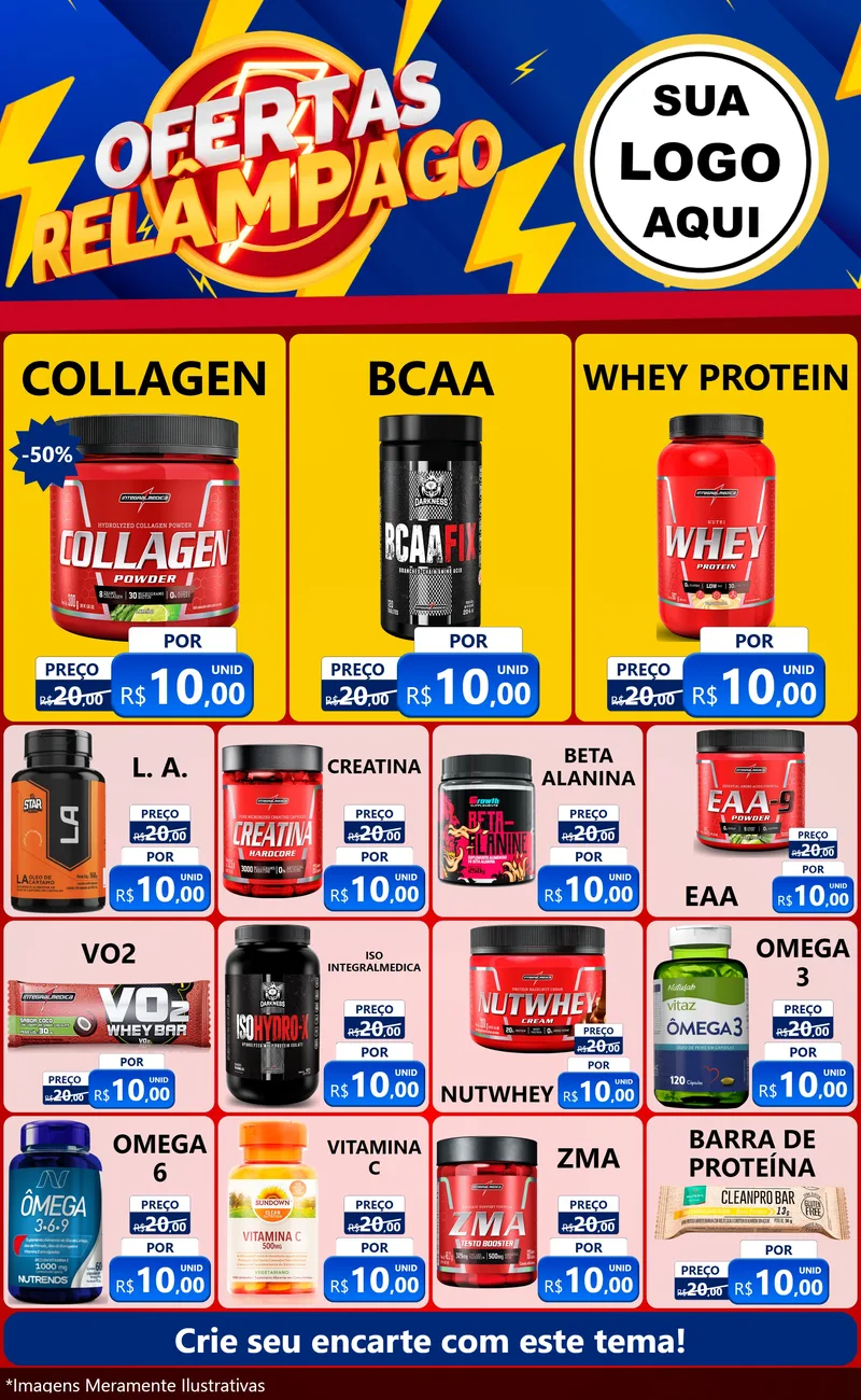 Modelo de Encarte para Encarte Grande com o tema Ofertas Relâmpago para Suplementos alimentares