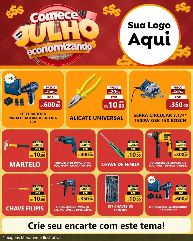 Modelo de Rede Social para Feed Instagram com o tema Comece Julho Economizando para Maquinas e Ferramentas