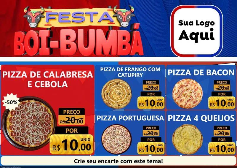 Modelo de Encarte para Encarte A4 Horizontal com o tema Festa Boi Bumbá para Pizzaria