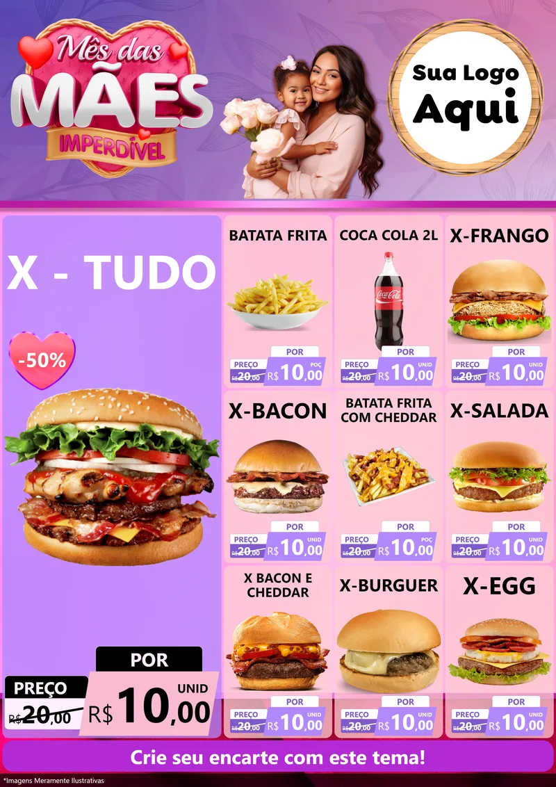 Modelo de Encarte para Encarte A4 Vertical com o tema Mês das Mães Imperdível para Hamburgueria