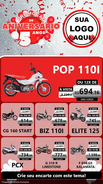 Modelo de Rede Social para Stories com o tema Promoção de Aniversário - 5 Anos para Concessionaria de Motos