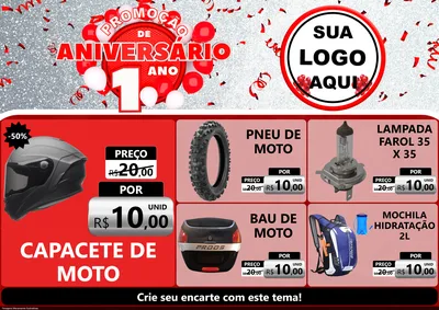 Modelo de Encarte para Encarte A4 Horizontal com o tema Promoção de Aniversário - 1 Ano para Moto peças