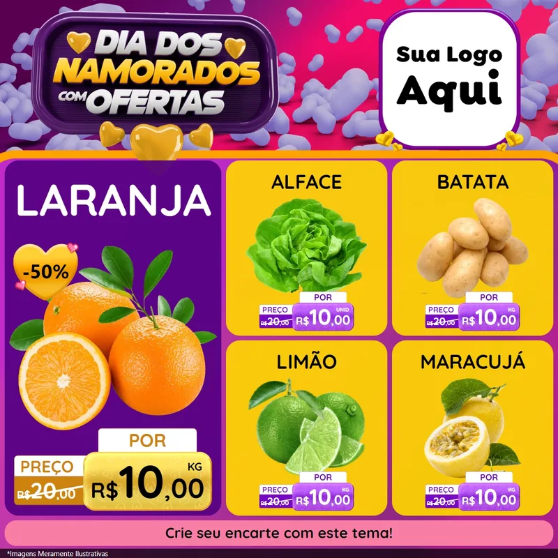 Modelo de Rede Social para Feed Facebook com o tema Dia Dos Namorados Com Ofertas para Hortifrúti
