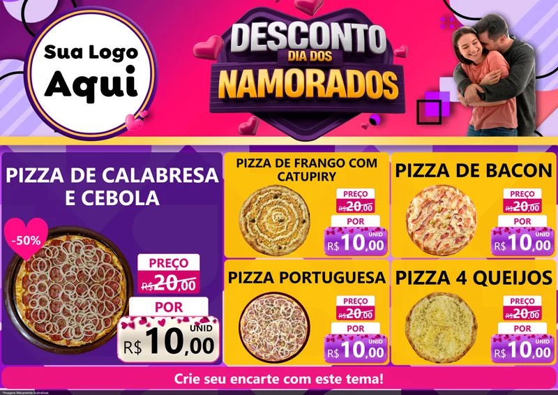 Modelo de Encarte para Encarte A4 Horizontal com o tema Desconto Dia dos Namorados para Pizzaria