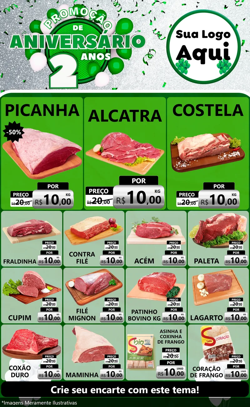 Modelo de Encarte para Encarte Grande com o tema Promoção de Aniversário - 2 Anos para Açougue