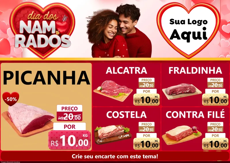 Modelo de Encarte para Encarte A4 Horizontal com o tema Dia dos Namorados para Açougue