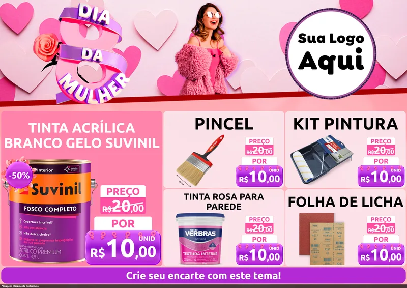 Modelo de Encarte para Encarte A4 Horizontal com o tema Dia da Mulher para Tintas e Ferramentas