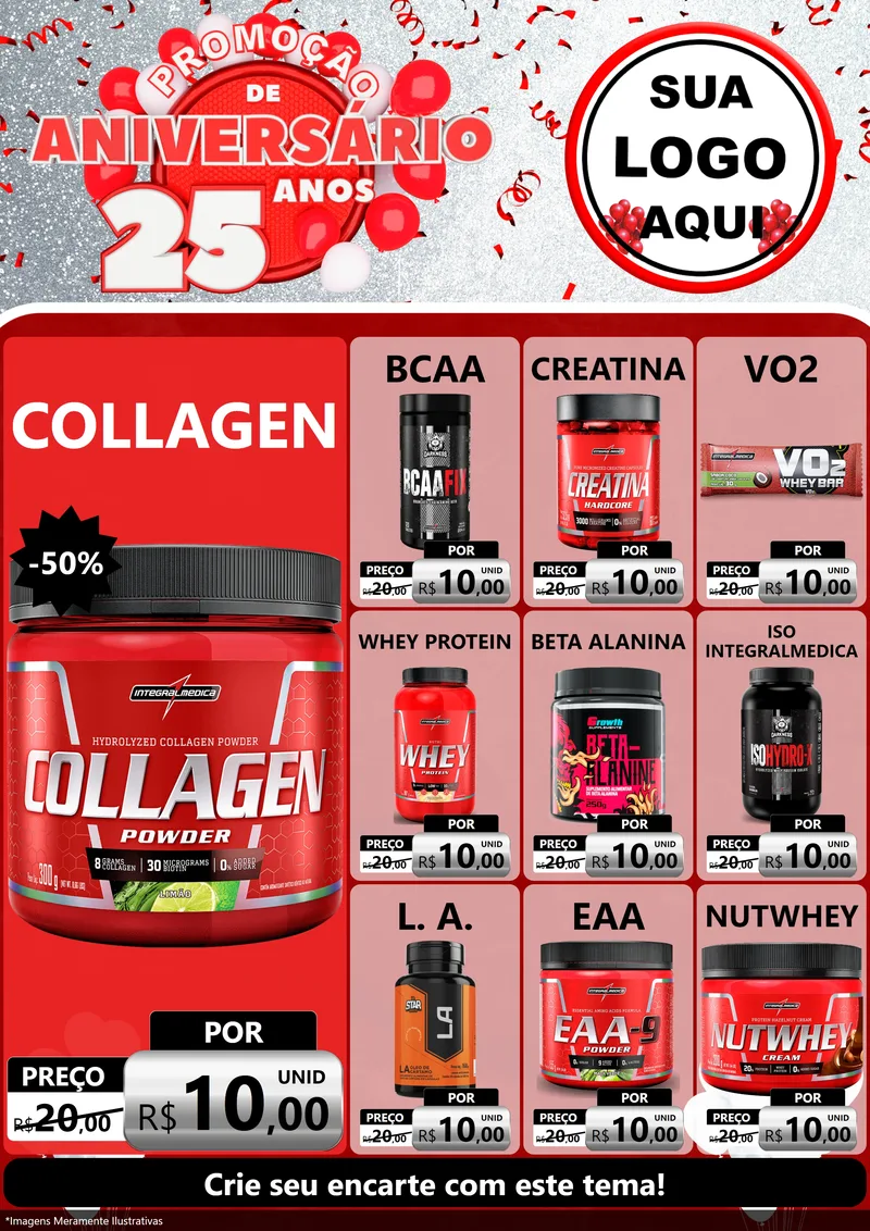 Modelo de Encarte para Encarte A4 Vertical com o tema Promoção de Aniversário - 25Anos para Suplementos alimentares