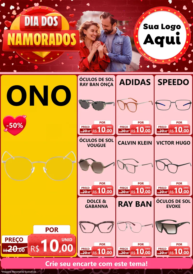 Modelo de Encarte para Encarte A4 Vertical com o tema Dia Dos Namorados para Óticas
