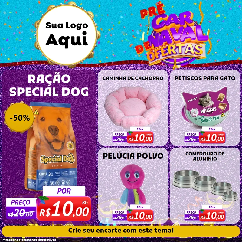 Modelo de Rede Social para Feed Facebook com o tema Pré Carnaval de Ofertas para Pet Shop