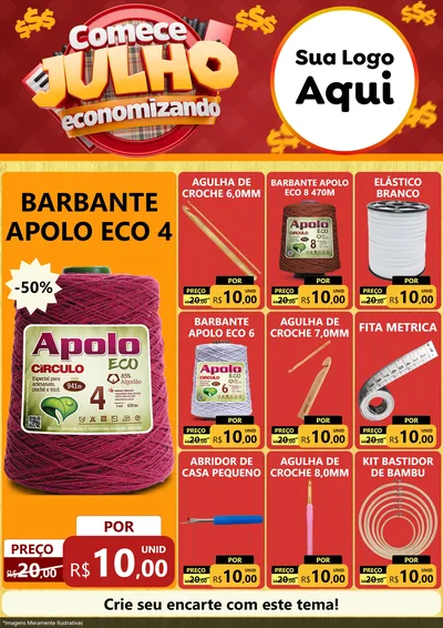 Modelo de Encarte para Encarte A4 Vertical com o tema Comece Julho Economizando para Armarinho e Aviamentos