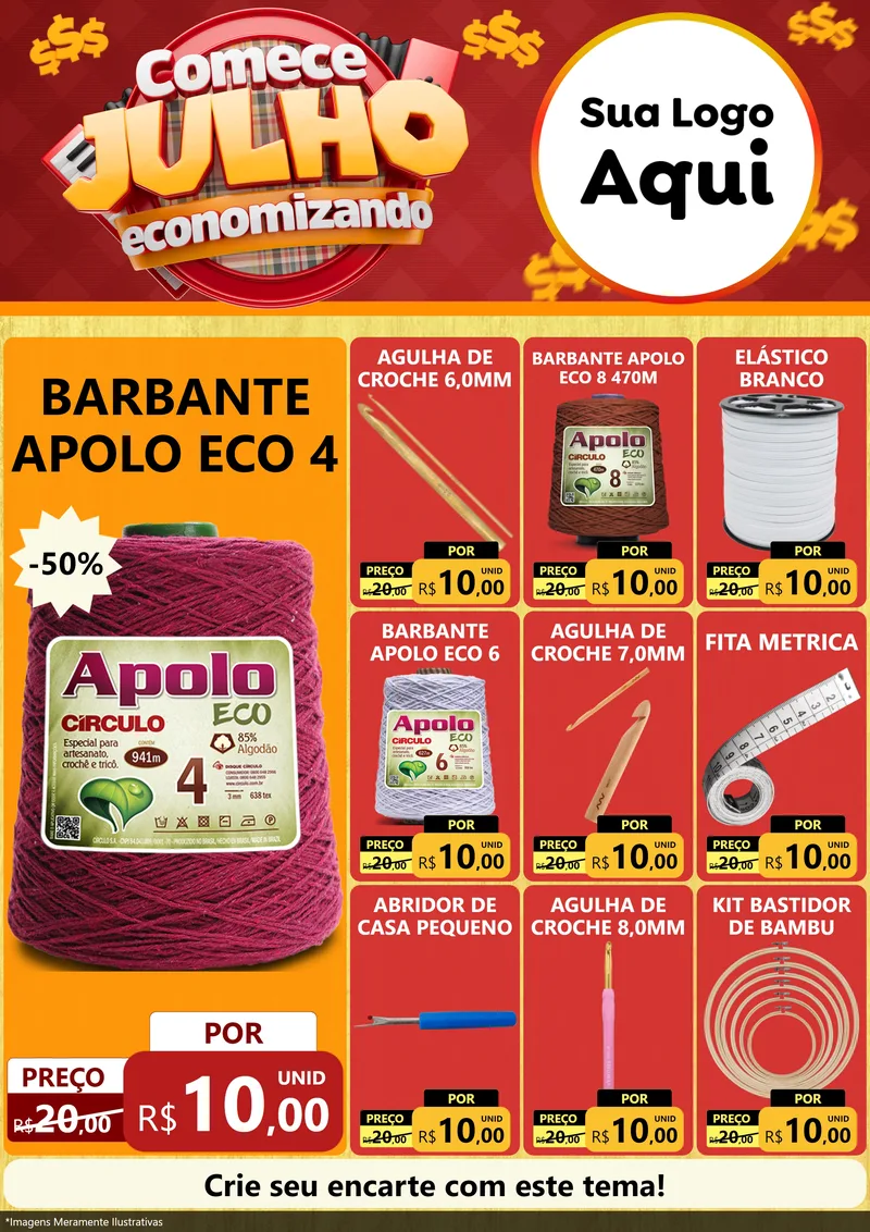 Modelo de Encarte para Encarte A4 Vertical com o tema Comece Julho Economizando para Armarinho e Aviamentos