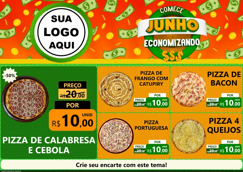 Modelo de Encarte para Encarte A4 Horizontal com o tema Comece Junho Economizando para Pizzaria