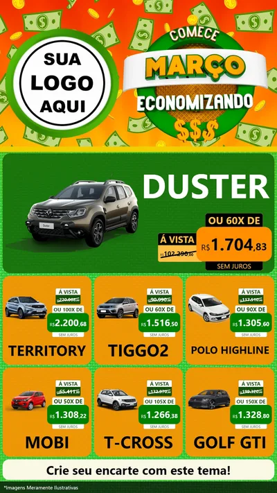 Modelo de Rede Social para Stories com o tema Comece Março Economizando para Concessionaria de Carros