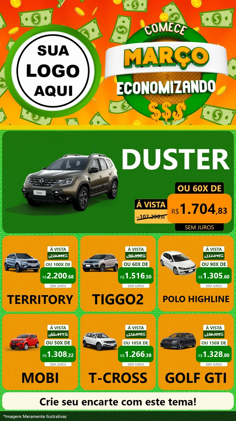 Modelo de Rede Social para Stories com o tema Comece Março Economizando para Concessionaria de Carros