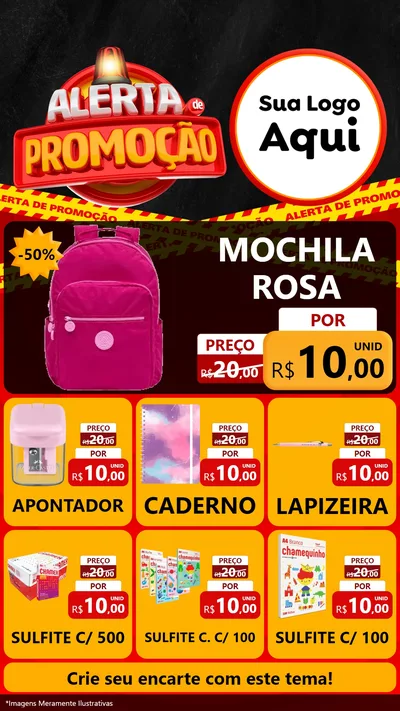 Modelo de Rede Social para Stories com o tema Alerta de Promoção para Papelaria