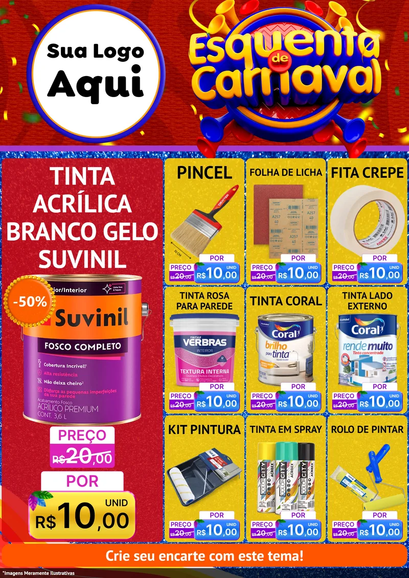 Modelo de Encarte para Encarte A4 Vertical com o tema Esquenta de Carnaval para Tintas e Ferramentas