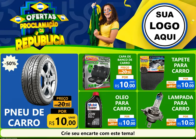 Modelo de Encarte para Encarte A4 Horizontal com o tema Ofertas Proclamação da República para Auto peças