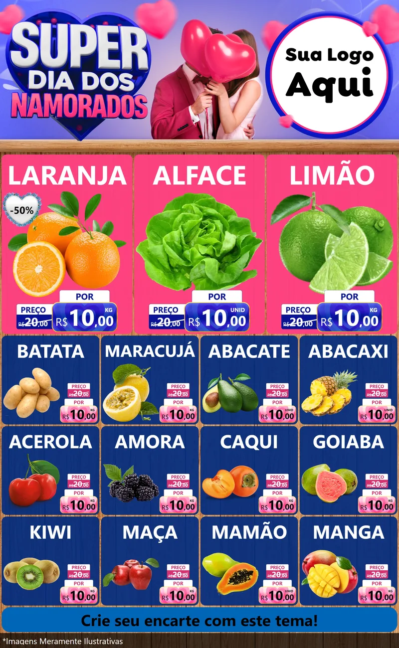 Modelo de Encarte para Encarte Grande com o tema Super Dia dos Namorados para Hortifrúti