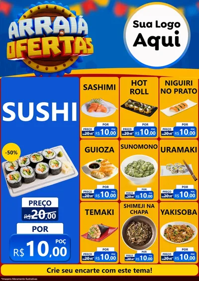 Modelo de Encarte para Encarte A4 Vertical com o tema Arraiá de Ofertas - Junina para Comida japonesa