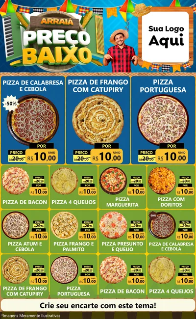 Modelo de Encarte para Encarte Grande com o tema Arraiá de Preço Baixo - Junina para Pizzaria
