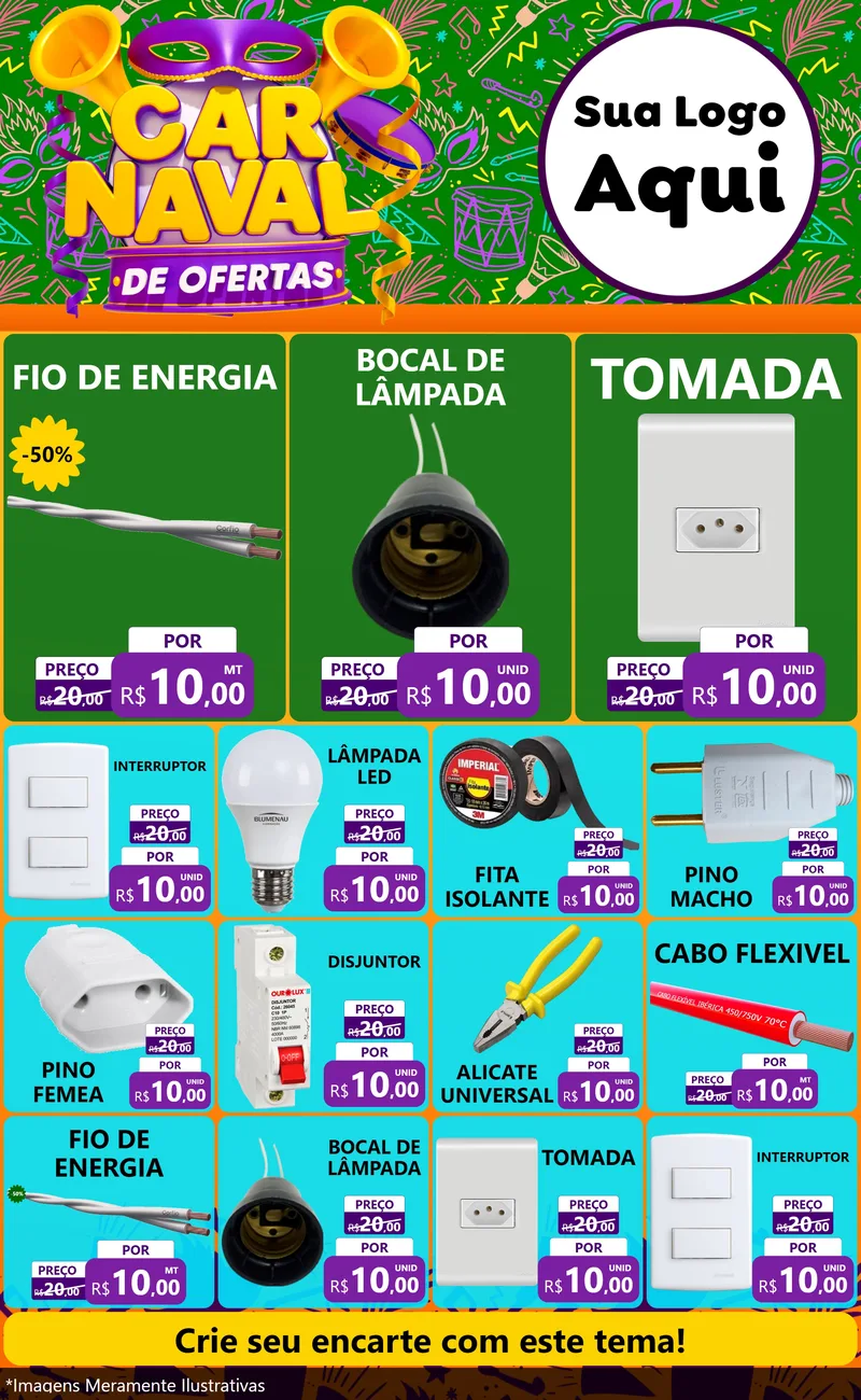 Modelo de Encarte para Encarte Grande com o tema Carnaval de Ofertas para Materiais Elétricos
