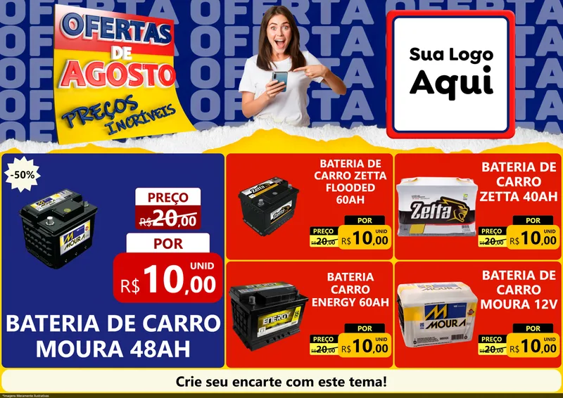 Modelo de Encarte para Encarte A4 Horizontal com o tema Ofertas de Agosto - Preços Incríveis para Baterias Elétricas